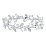 Delicate Vine Leaf White Freshwater Cultured Button Pearl Bracelet with CZ Accent 7 Inch