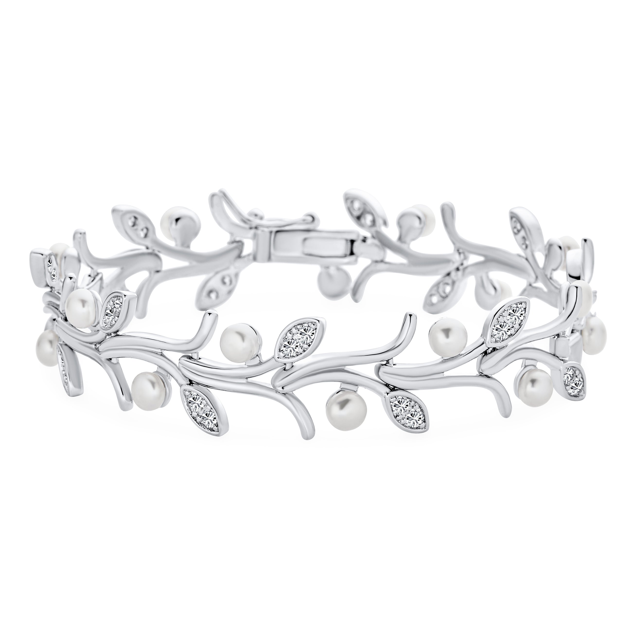 bridal-flowers-cz-leaf-pearl-bracelet-hsh-hsb04574-01 Delicate Vine Leaf White Freshwater Cultured Button Pearl Bracelet with CZ Accent 7 Inch - Image 1