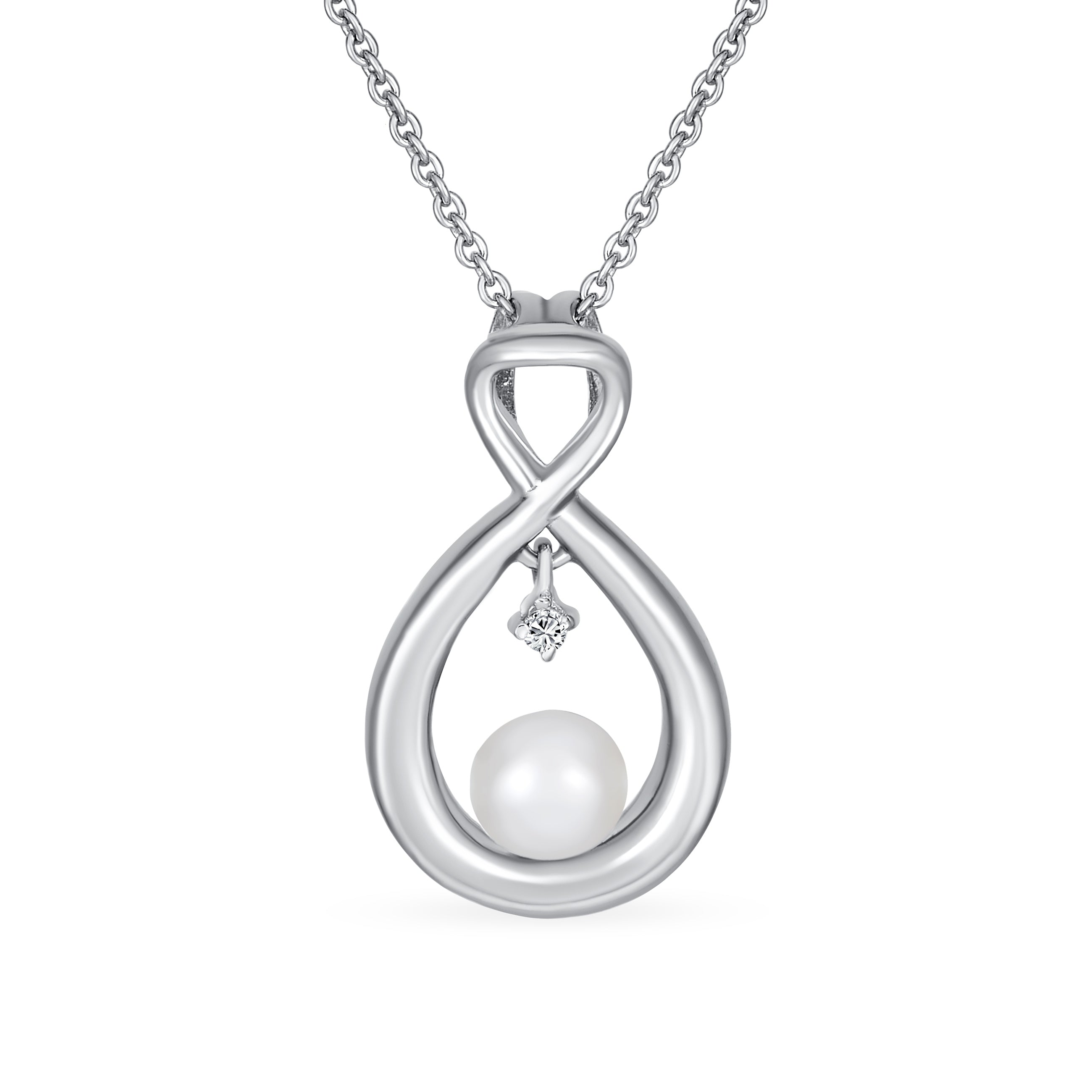 bridal-knot-cz-infinity-teardrop-pearl-mdr-3606n-042_01 Elegant Bridal Necklace CZ Accented Infinity Teardrop Pearl Pendant 16-18 Inch - Image 1