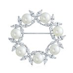 Elegant CZ Cubic Zirconia Round White Pearl Wreath Circle Scarf Pin Brooch