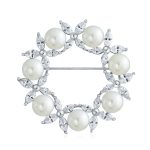 Elegant CZ Cubic Zirconia Round White Pearl Wreath Circle Scarf Pin Brooch