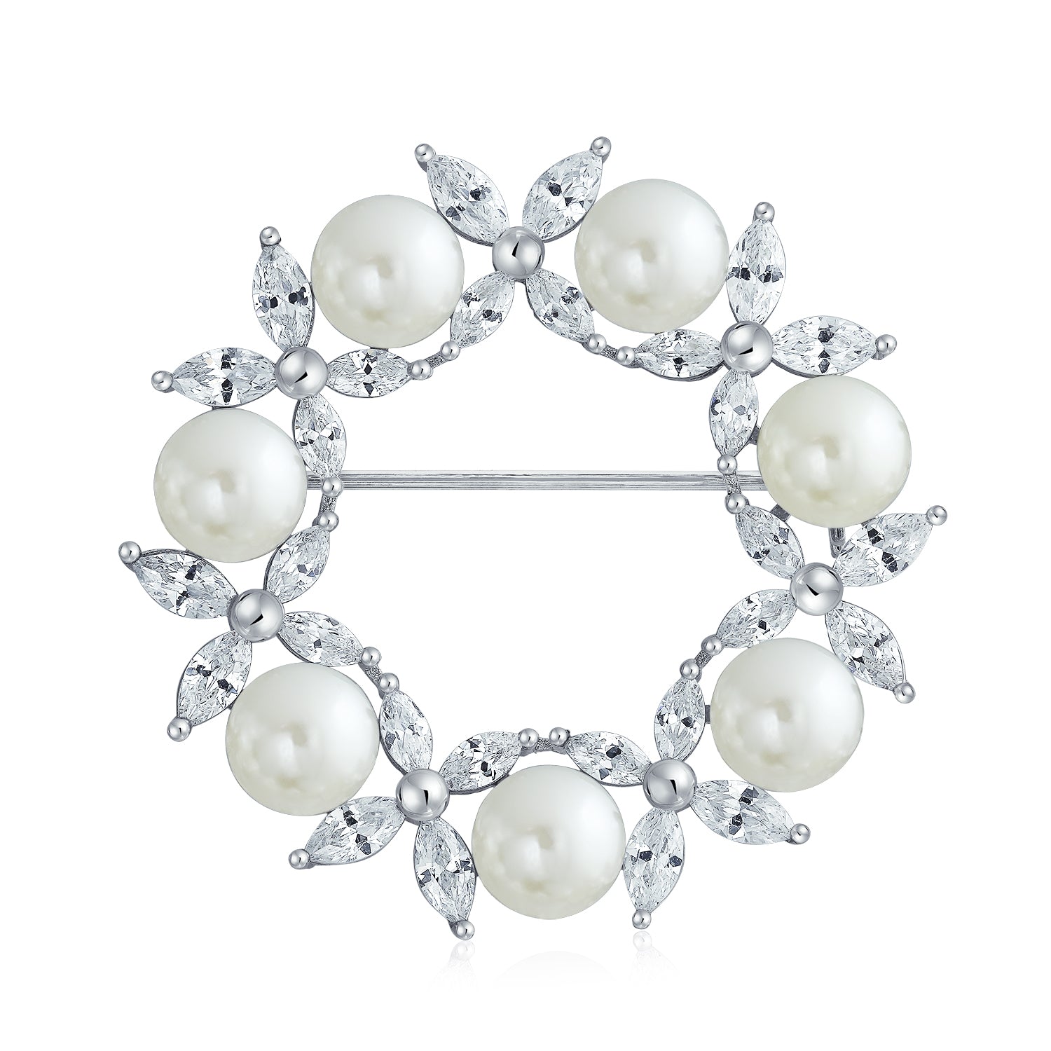 bridal-marquise-wreath-pearl-brooch_ag-br2502si-az_1 Elegant CZ Cubic Zirconia Round White Pearl Wreath Circle Scarf Pin Brooch - Image 1