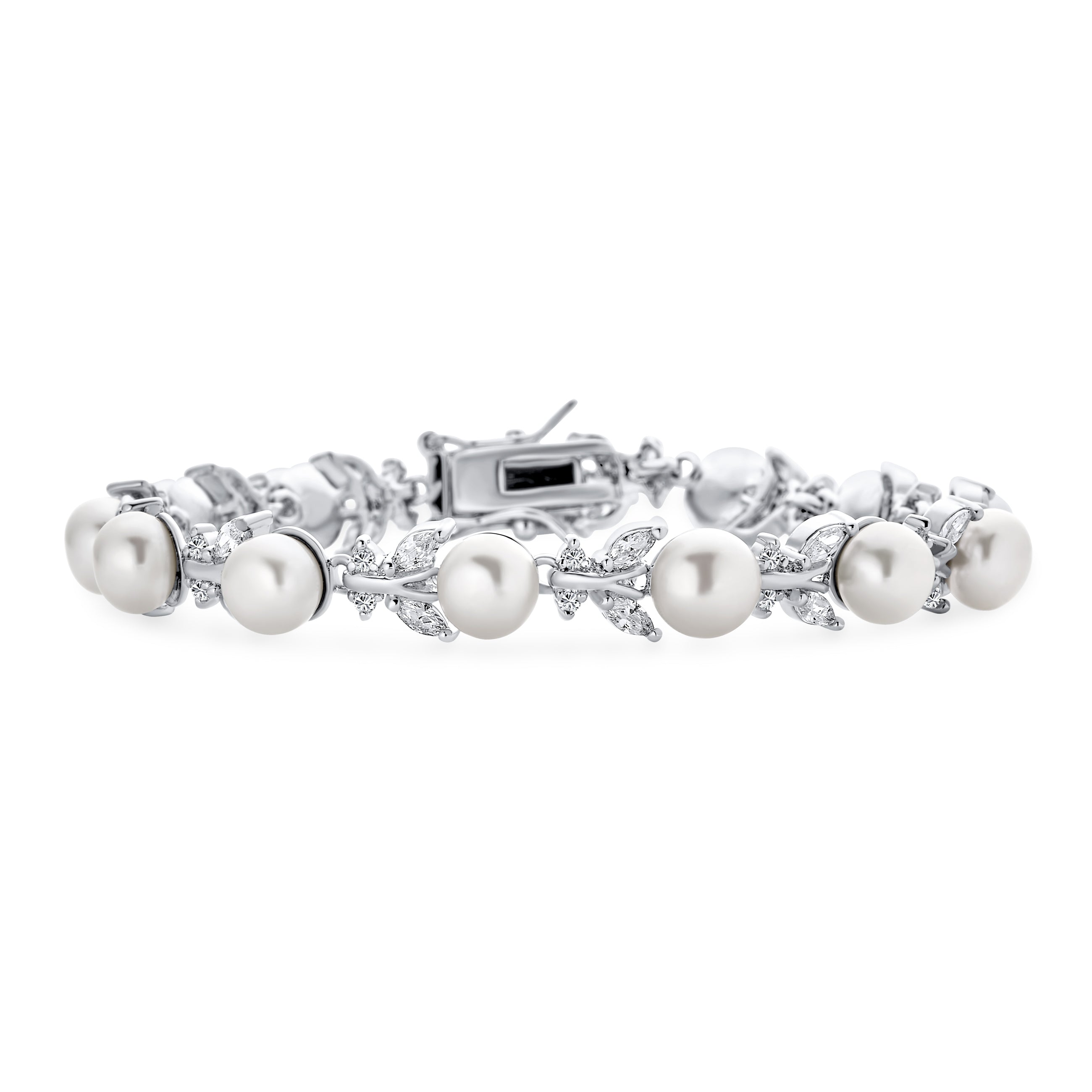 bridal-multi-cz-marquise-leaves-pearl-hsh-hsb03179-01 Multi CZ Marquise Leaves Vine White Cultured Freshwater Pearl Strand Bracelet - Image 1
