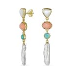 Multicolor Pink Green Gemstone & White Freshwater Cultured Baroque Pearl Elongated Dangle Earrings