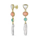 Multicolor Pink Green Gemstone & White Freshwater Cultured Baroque Pearl Elongated Dangle Earrings