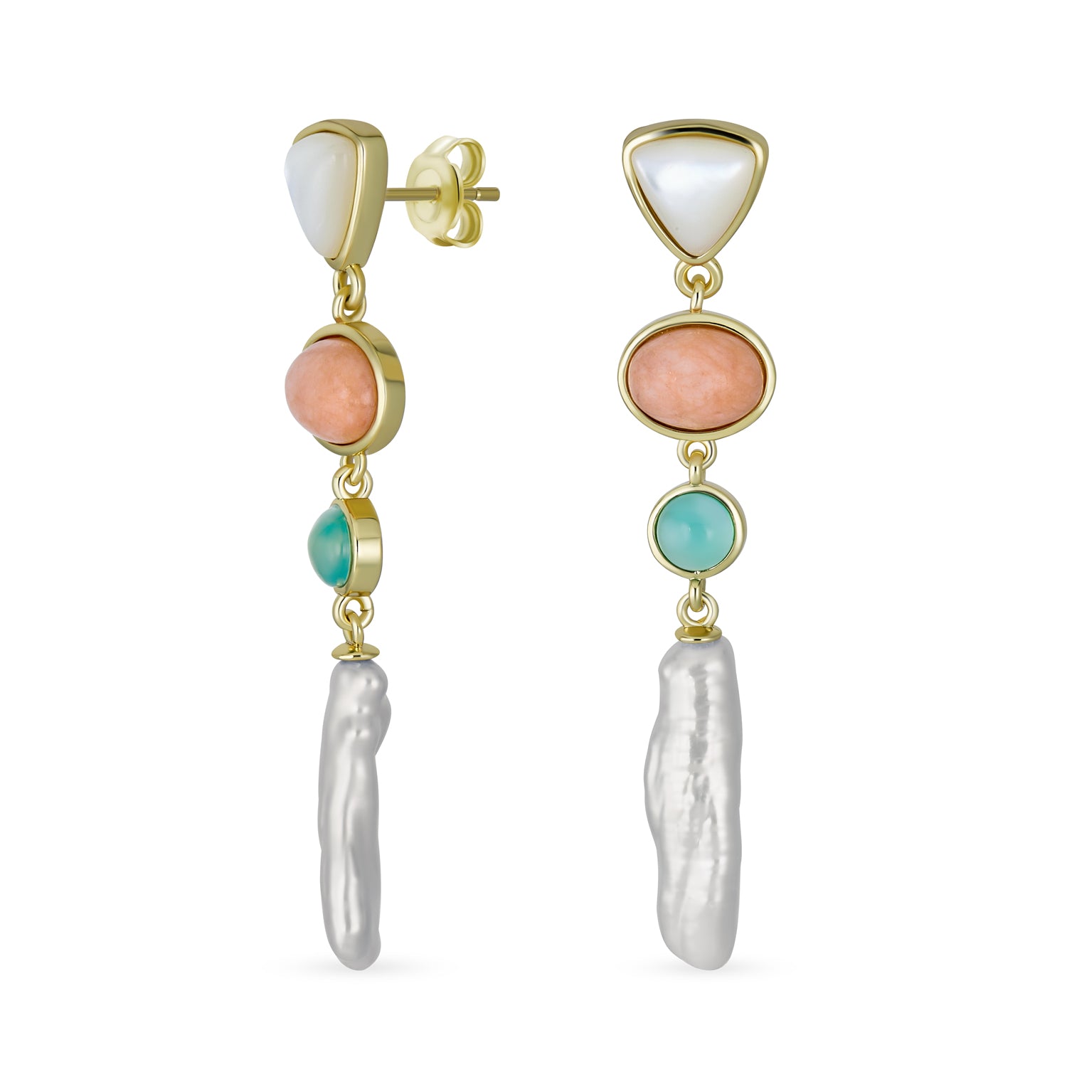 bridal-pastel-gemstones-pearl-dangle-earrings-cb-82149 Multicolor Pink Green Gemstone & White Freshwater Cultured Baroque Pearl Elongated Dangle Earrings - Image 1