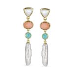 Multicolor Pink Green Gemstone & White Freshwater Cultured Baroque Pearl Elongated Dangle Earrings - Image 2
