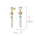 Multicolor Pink Green Gemstone & White Freshwater Cultured Baroque Pearl Elongated Dangle Earrings - Image 4