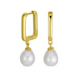 Modern White Freshwater Teardrop Pearl Dangle Paperclip Huggie Earrings Gold Plated