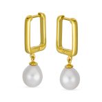 Modern White Freshwater Teardrop Pearl Dangle Paperclip Huggie Earrings Gold Plated - Image 2