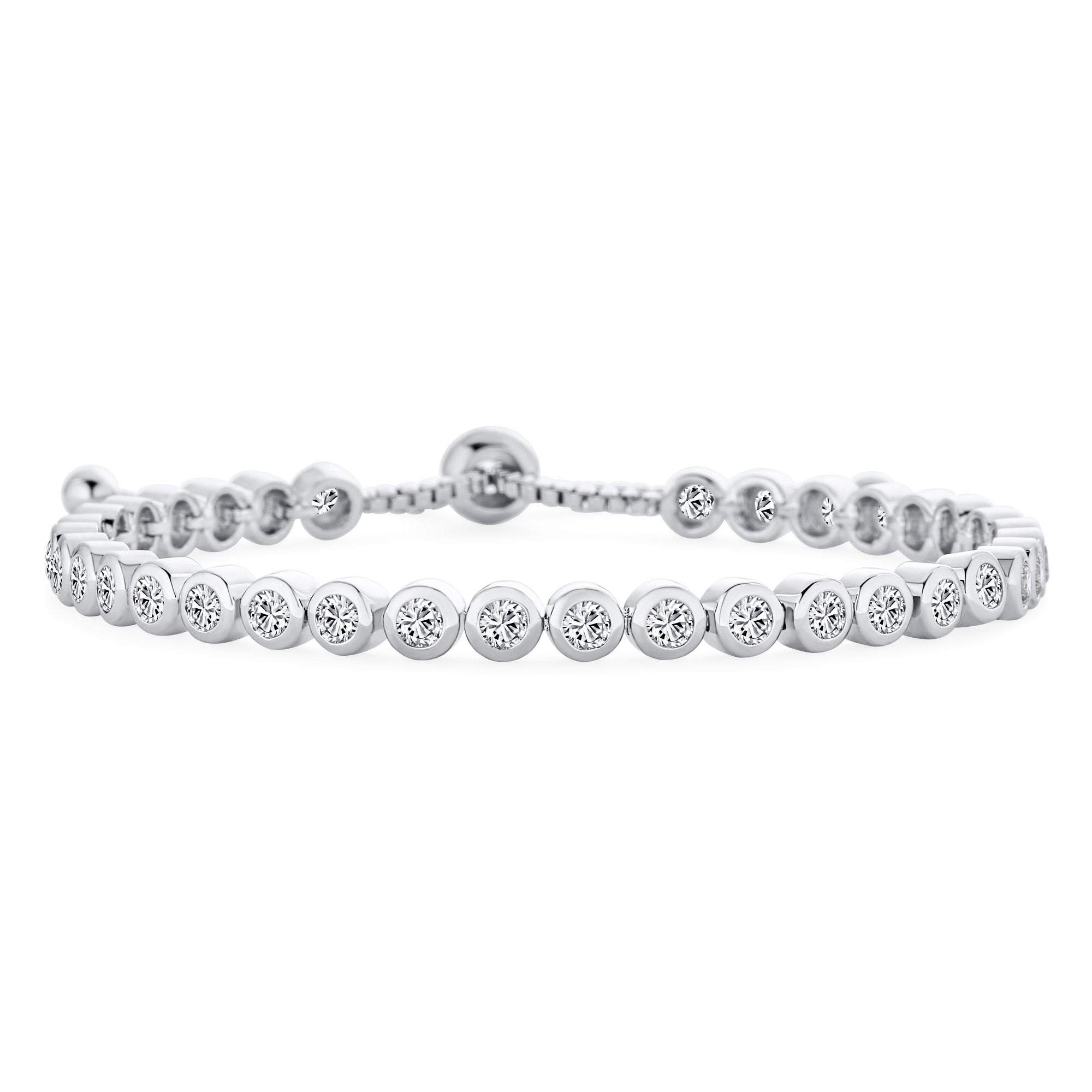 bridal-prom-round-bezel-tennis-bracelet-silver-oa-31ola1403-az_1 Cubic Zirconia Circlet Bubble CZ Bezel Set Slender Tennis Bolo Bracelet Adjustable Slide 6-8" - Image 1