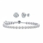 Bridal Prom Round CZ Tennis Bolo Bracelet & Solitaire Stud Earrings Jewelry Set