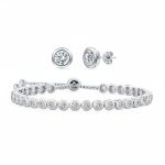 Bridal Prom Round CZ Tennis Bolo Bracelet & Solitaire Stud Earrings Jewelry Set