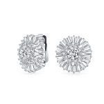 Fancy CZ Baguette Round Cubic Zirconia Button Clip On Earrings Non Pierced