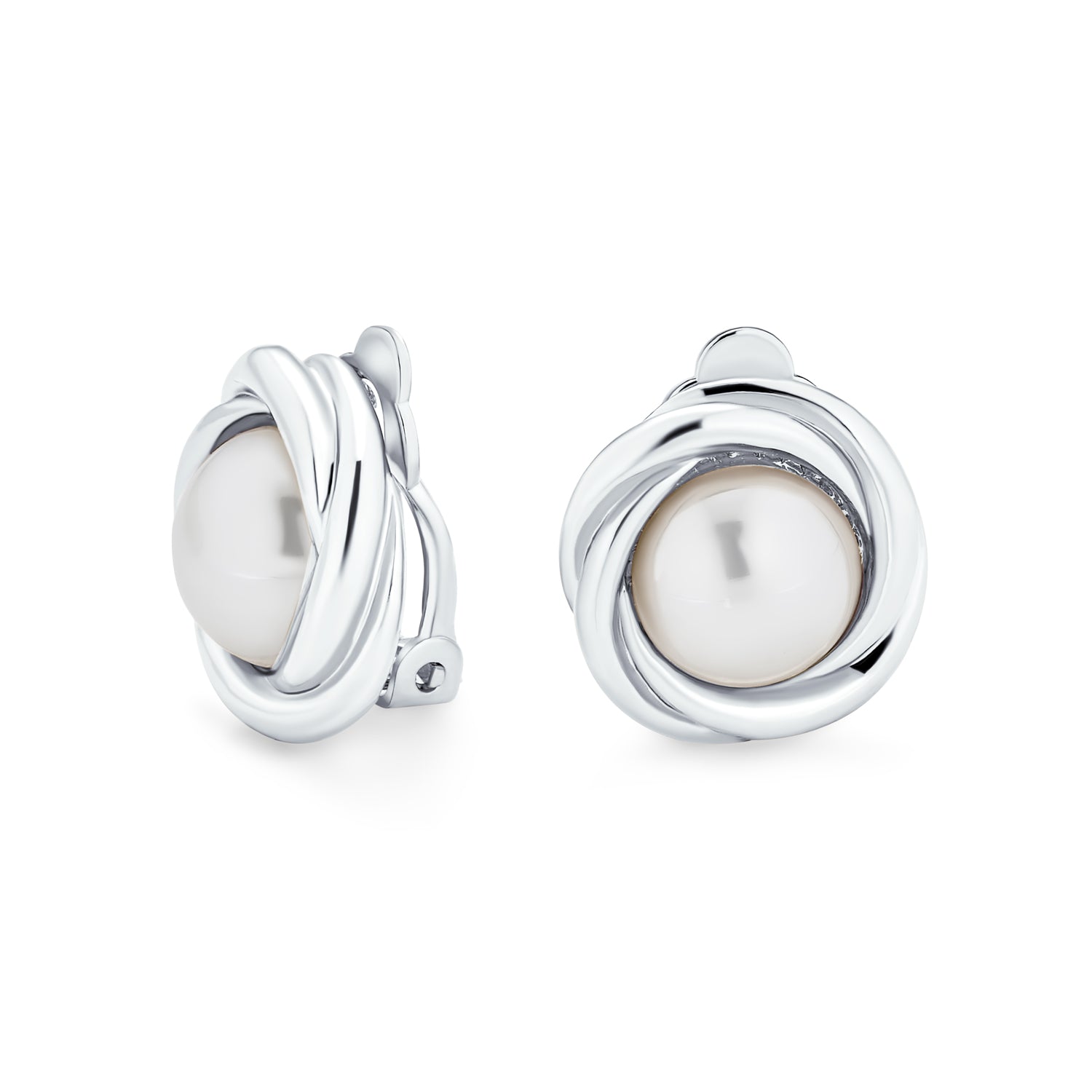 bridal-silver-pearl-clipon-earrings-faj-der00909_1 Twist Braided Rope Clip-On Earrings with Simulated Pearl Silver Gold Plated - Image 1