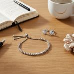 Bridal Prom Round CZ Tennis Bolo Bracelet & Solitaire Stud Earrings Jewelry Set - Image 2