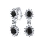 Crown Halo Pave Cubic Zirconia CZ Drop Dangling Oval Chandelier Clip On Earrings Statement Non-Pierced