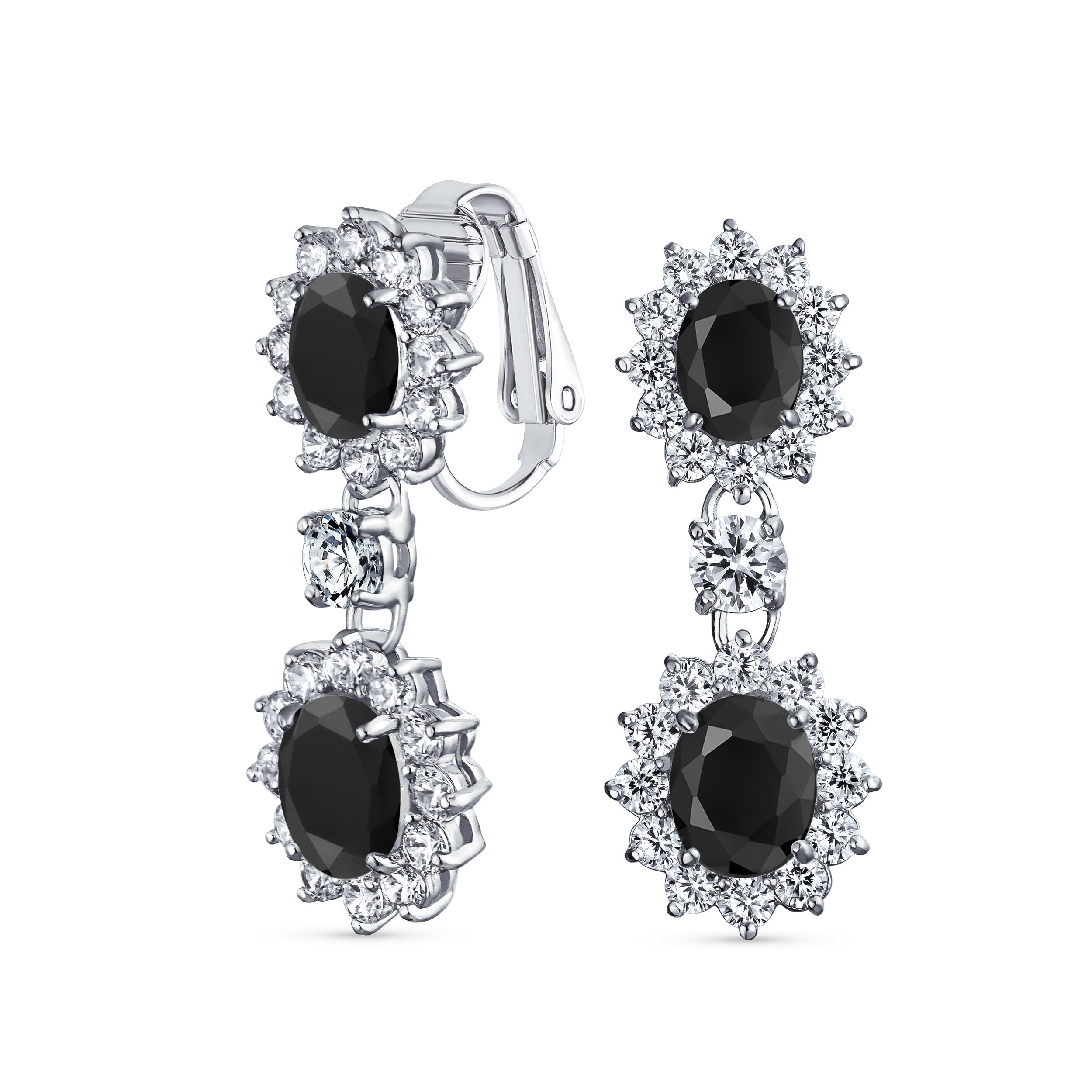 bridal-statement_20drop-dangle-clipon_my-be62230bk-cl-1 Crown Halo Pave Cubic Zirconia CZ Drop Dangling Oval Chandelier Clip On Earrings Statement Non-Pierced - Image 1