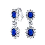 Crown Halo Pave Cubic Zirconia CZ Drop Dangling Oval Chandelier Clip On Earrings Statement Non-Pierced - Image 2