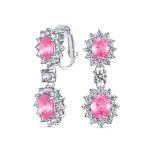 Crown Halo Pave Cubic Zirconia CZ Drop Dangling Oval Chandelier Clip On Earrings Statement Non-Pierced - Image 4