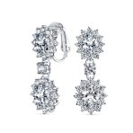Crown Halo Pave Cubic Zirconia CZ Drop Dangling Oval Chandelier Clip On Earrings Statement Non-Pierced - Image 6