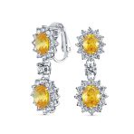 Crown Halo Pave Cubic Zirconia CZ Drop Dangling Oval Chandelier Clip On Earrings Statement Non-Pierced - Image 7