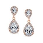 Classic Bridal Cocktail Halo Cubic Zirconia Blue CZ Double Solitaire Teardrop Dangle Clip On Earrings - Image 21