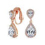 Classic Bridal Cocktail Halo Cubic Zirconia Blue CZ Double Solitaire Teardrop Dangle Clip On Earrings - Image 10
