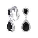 Classic Bridal Cocktail Halo Cubic Zirconia Blue CZ Double Solitaire Teardrop Dangle Clip On Earrings - Image 9