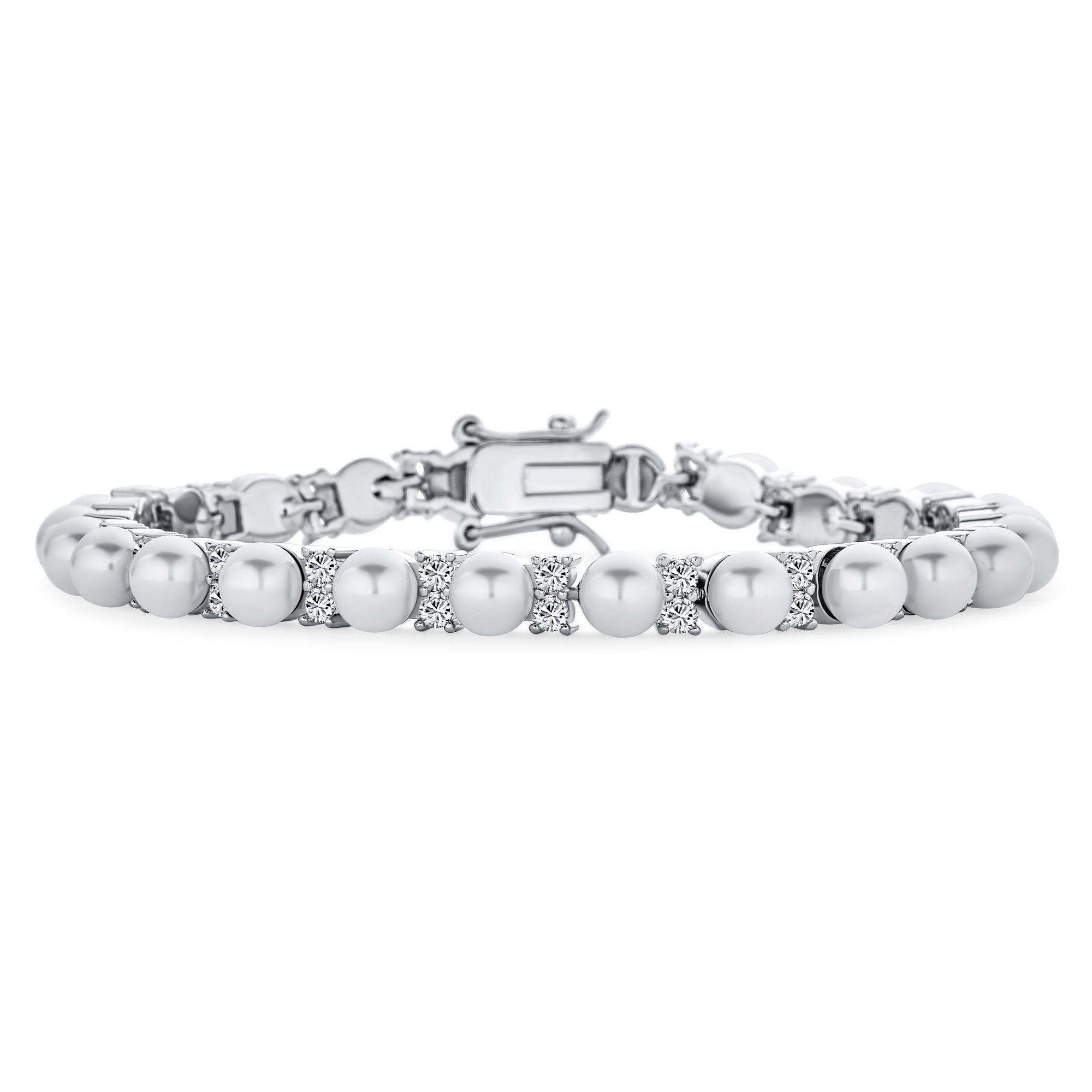 bridal-traditional-pearl-round-bracelet-wedding-silver_oa-31ola350-725-az_1 Traditional Bridal CZ Accent Pearl Strand Bracelet Silver Plated 7.25 Inch - Image 1