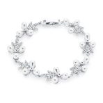 Multi Flowers Leaf Motif White Cultured Freshwater Pearl Strand Bracelet 7 Inch