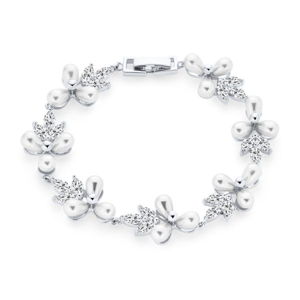 Multi Flowers Leaf Motif White Cultured Freshwater Pearl Strand Bracelet 7 Inch
