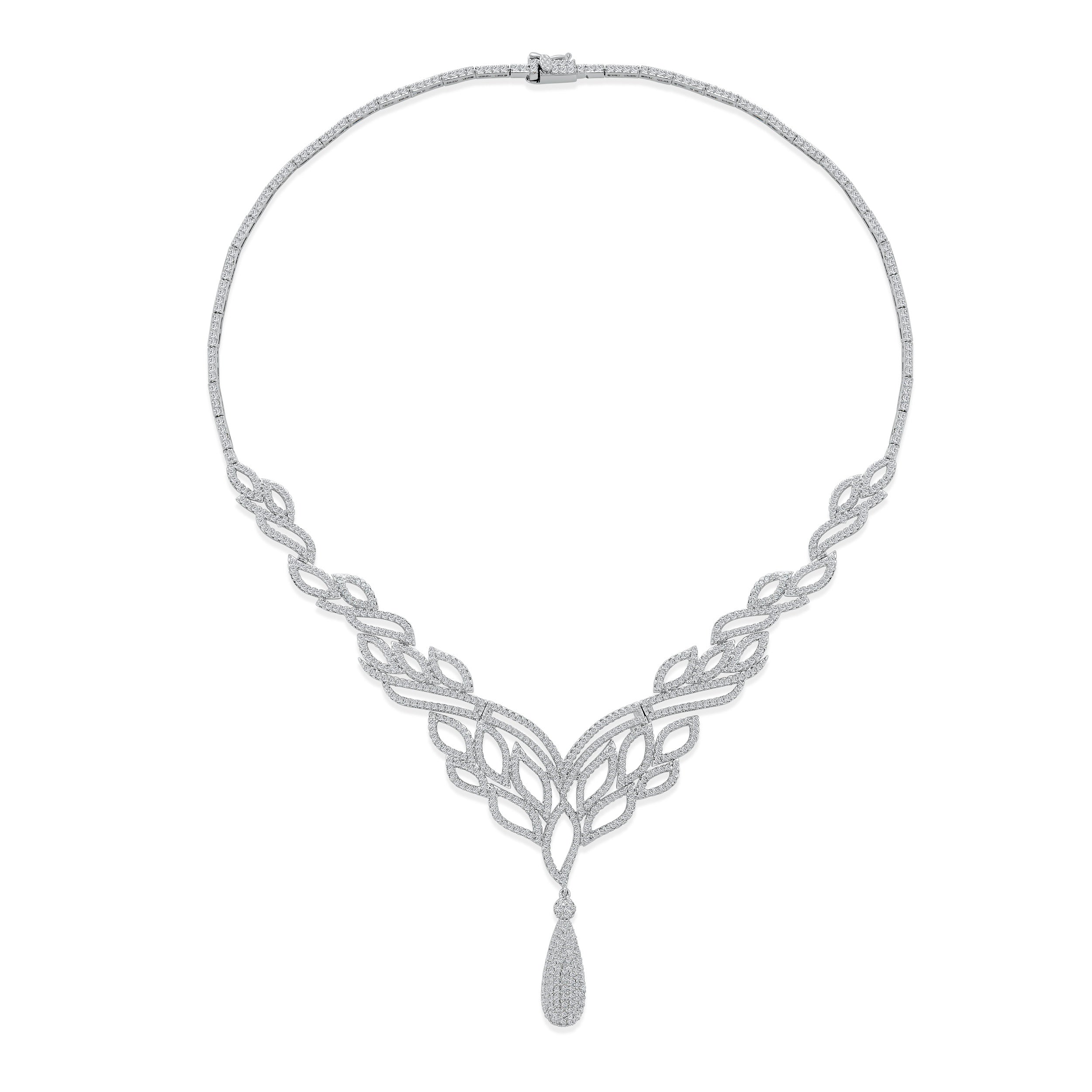 bridal_leaf_collar_necklace_my-50003-az-01-01 Art Deco Leaf Collar Necklace with Teardrop CZ Silver - Image 1