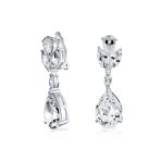 Classic Bridal Leaf Motif CZ Cubic Zirconia Teardrop Dangle Clip-On Earrings Silver Plated