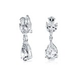 Classic Bridal Leaf Motif CZ Cubic Zirconia Teardrop Dangle Clip-On Earrings Silver Plated