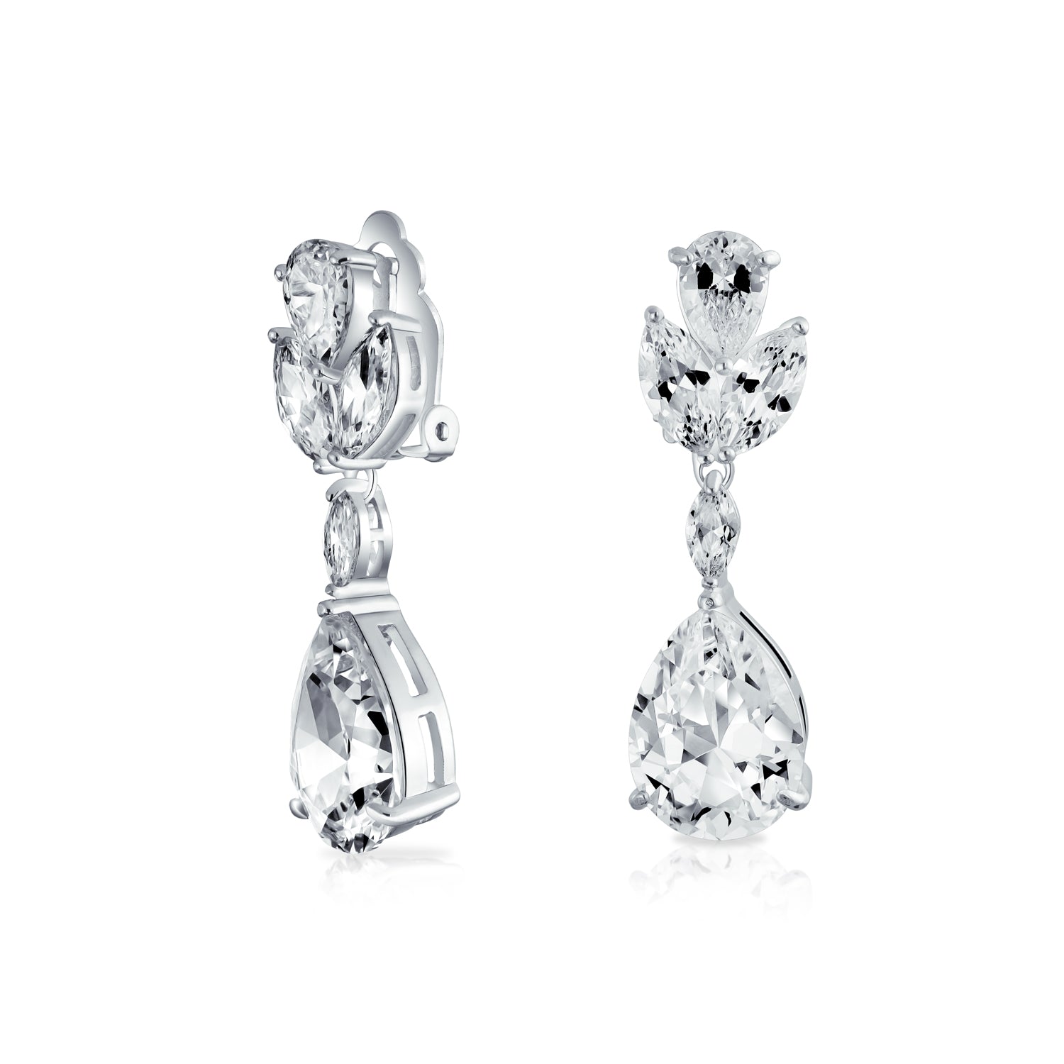 bridal_wedding_clip_on_dangle_teardrop_earring_ag-ez2807-az_1 Classic Bridal Leaf Motif CZ Cubic Zirconia Teardrop Dangle Clip-On Earrings Silver Plated - Image 1