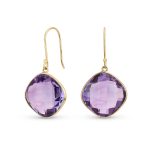 Classic 10K Yellow Gold Amethyst Faceted Briolette Bezel Set Square Dangle Drop Earrings Fish Hook
