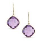 Classic 10K Yellow Gold Amethyst Faceted Briolette Bezel Set Square Dangle Drop Earrings Fish Hook - Image 3
