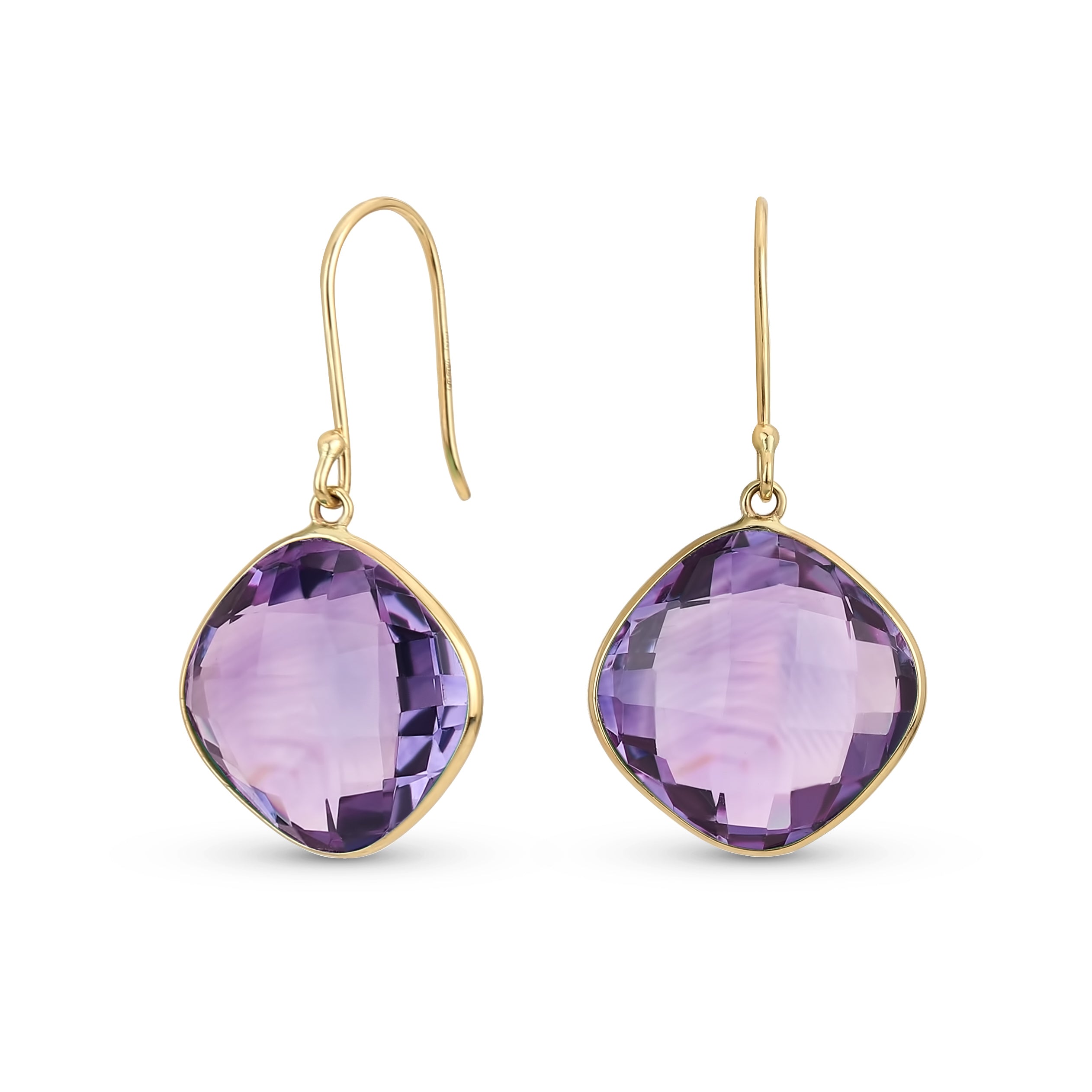 briolette_gemstone_purple_amethyst_drop_earrings_vj-vje10193amy Classic 10K Yellow Gold Amethyst Faceted Briolette Bezel Set Square Dangle Drop Earrings Fish Hook - Image 1