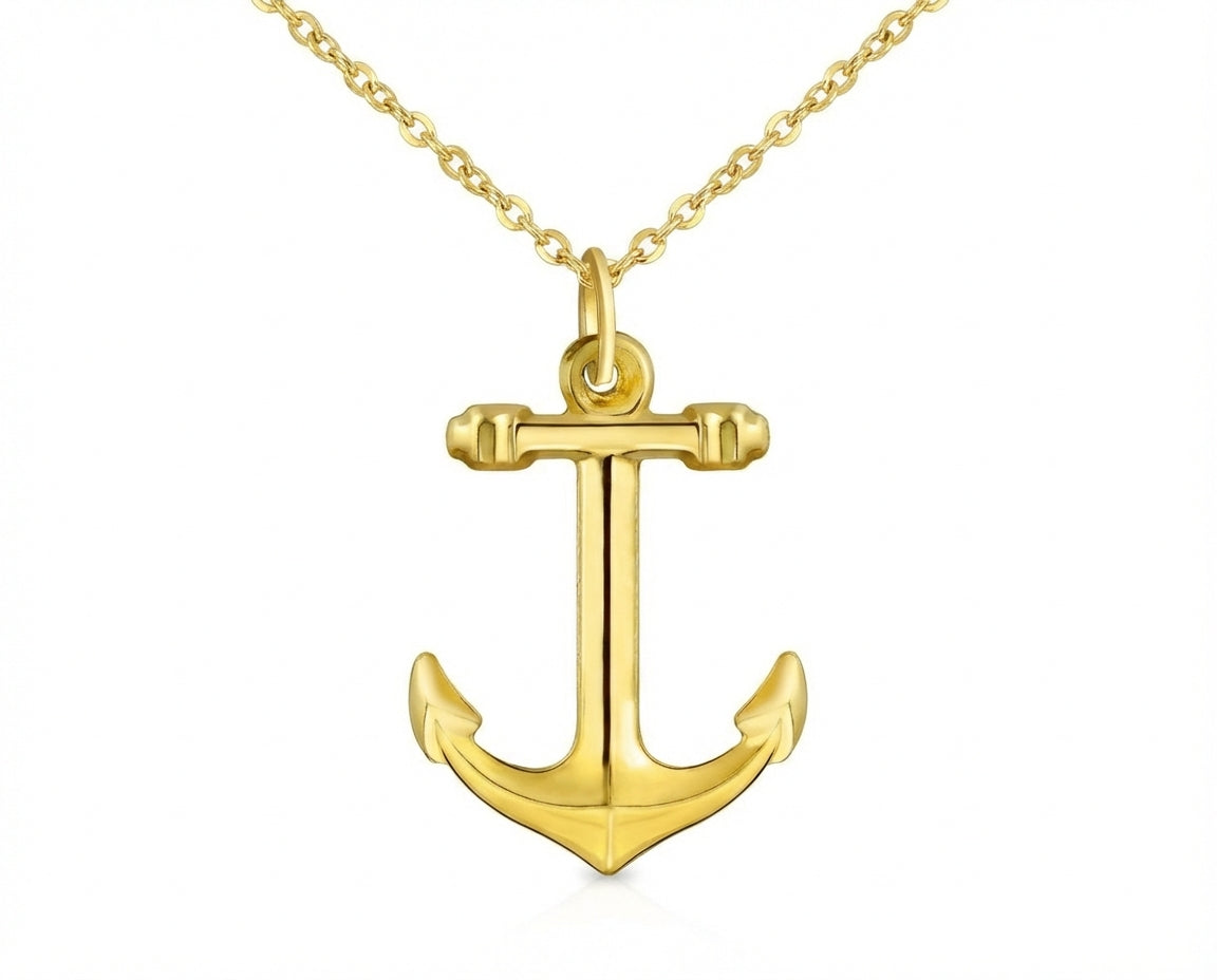 bs-14kpn-anc-az_20-_20gold_20anchor_20necklace Traditional Nautical 14K Yellow Gold Boat Anchor Pendant Necklace 16 Inch Chain - Image 1