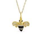 Elegant Queen Bee Pendant Necklace Black & Gold Zirconia 14K Gold Plated Silver