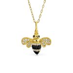 Elegant Queen Bee Pendant Necklace Black & Gold Zirconia 14K Gold Plated Silver