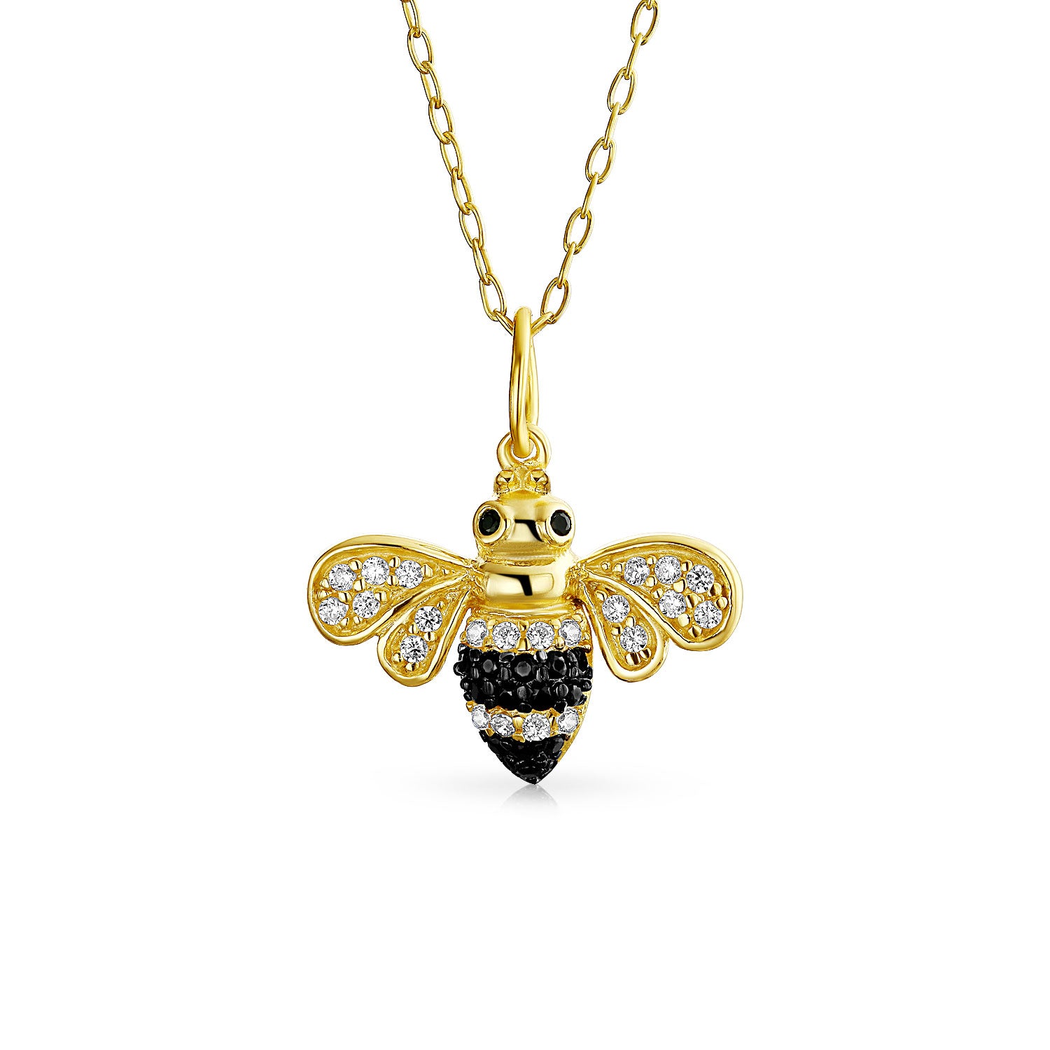 bumble-bee-necklace-gold-plated_pfs-55-0900rh_1 Elegant Queen Bee Pendant Necklace Black & Gold Zirconia 14K Gold Plated Silver - Image 1