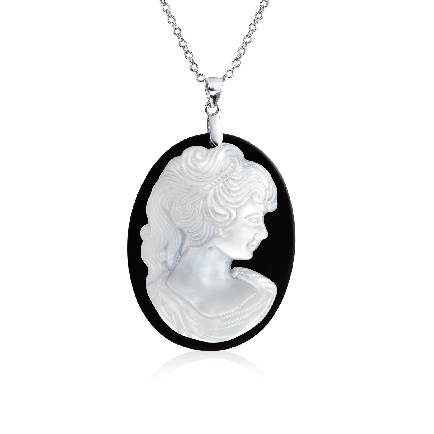 cameo-pearl-neckalce-silver-pendant_yp-sh1030-wp-az_1 Classic Victorian Black & White Cameo Pendant Necklace in Sterling Silver - Image 1
