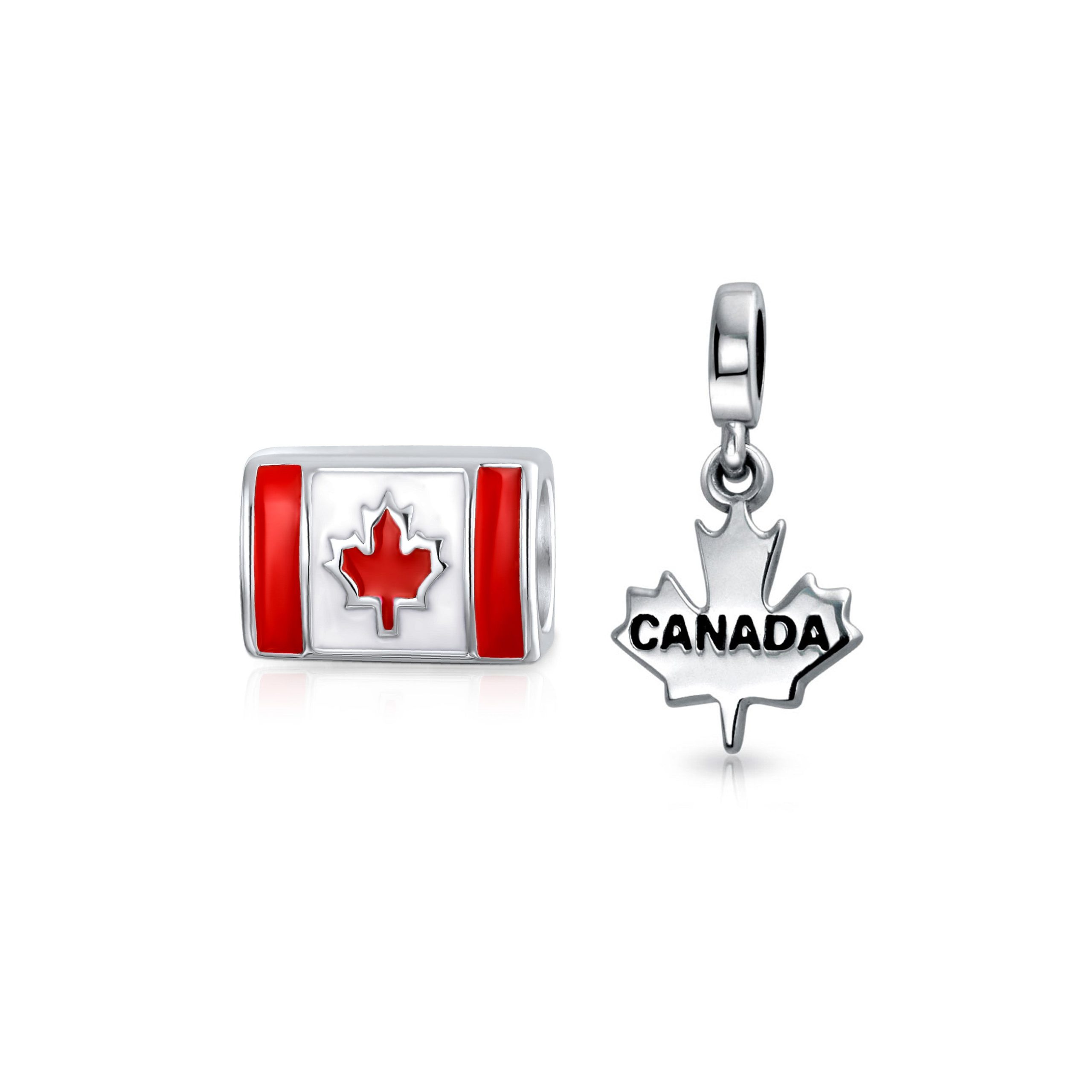 canadian-vacation-travel-charm-pbx-hsd-279-set-az Set of 2 Red Enamel Canadian Flag & Maple Leaf Dangle Charm Bead Oxidized Silver - Image 1