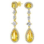 Art Deco Style Royal Green Cubic Zirconia Halo CZ Statement Teardrop Chandelier Earrings Silver Plated