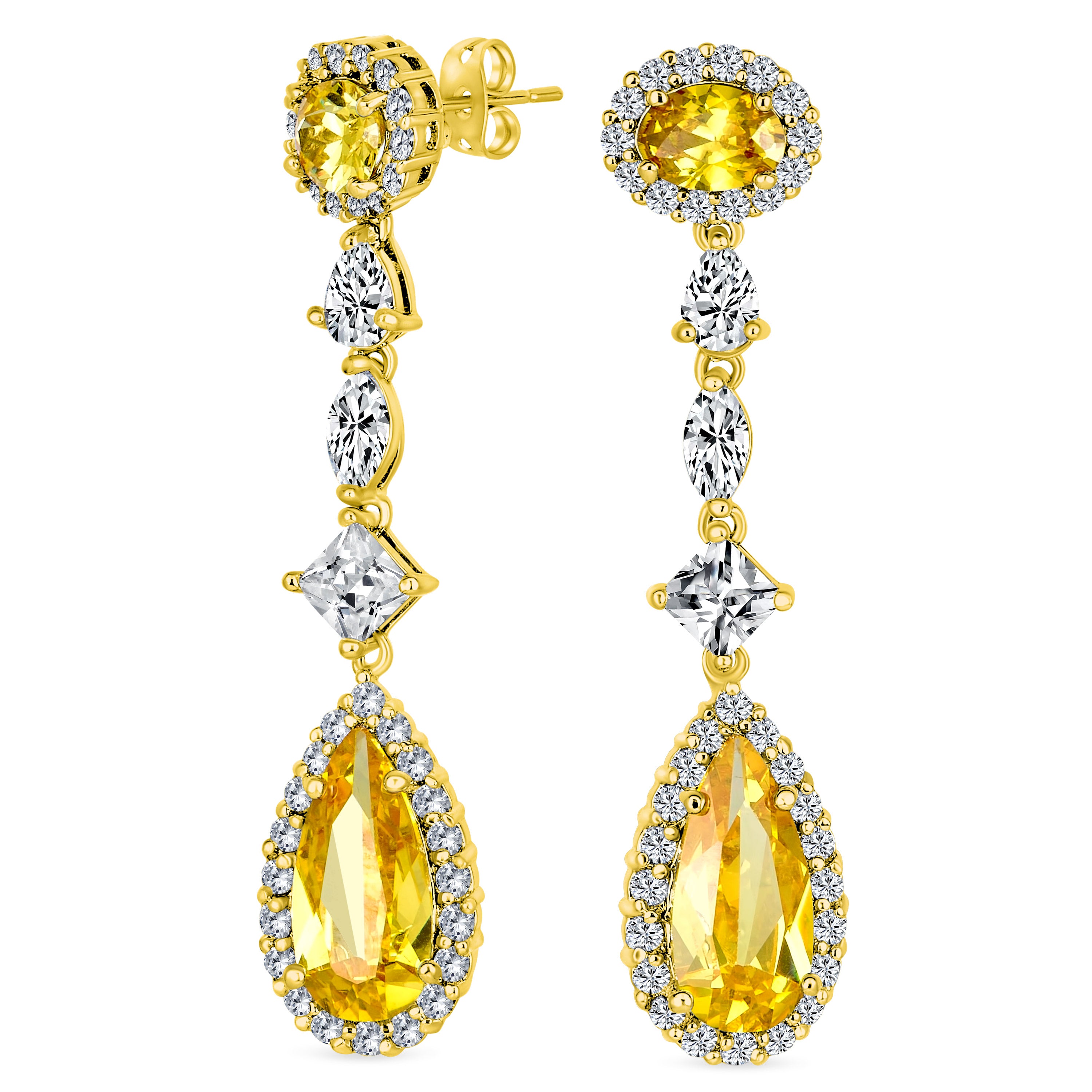 canary-yellow-teardrop-earrings-cz_dt-leo143-gc-az_112 Art Deco Style Royal Green Cubic Zirconia Halo CZ Statement Teardrop Chandelier Earrings Silver Plated - Image 1