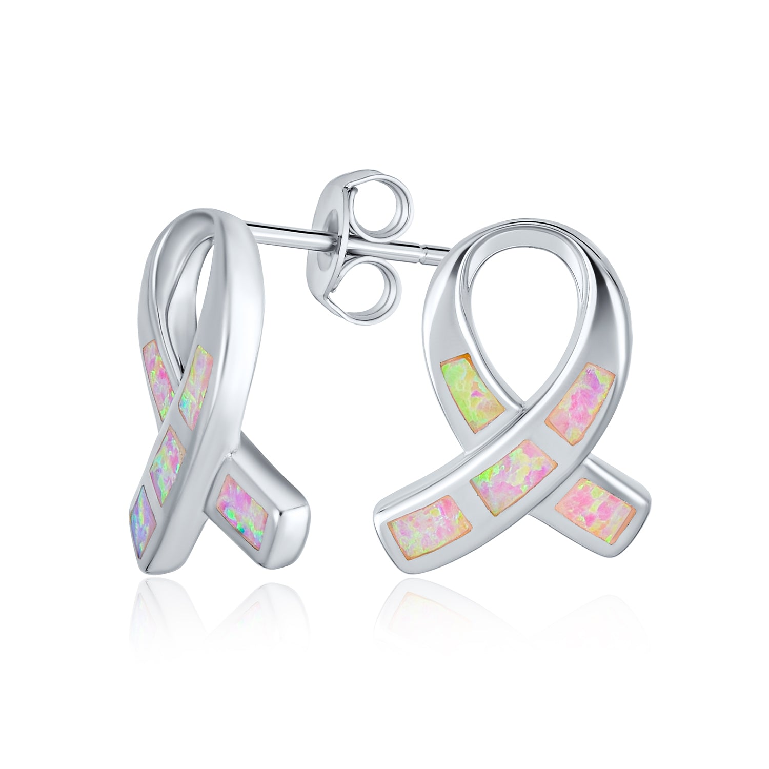 cancer-ribbon-pink-opal-earrings_jf-a1-pk_1 Pink Opal Ribbon Breast Cancer Awareness Stud Earrings Sterling Silver 8MM - Image 1
