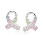 Pink Opal Ribbon Breast Cancer Awareness Stud Earrings Sterling Silver 8MM - Image 2