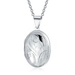 Oval Keepsake Photo Locket Necklace Carved Floral Leaf Motif Holds Pictures .925 Sterling Silver